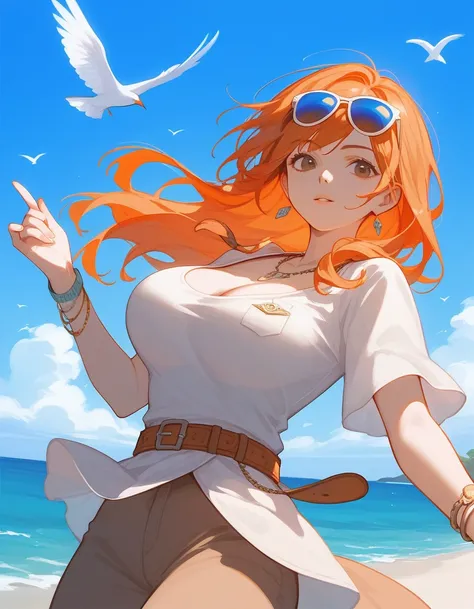 ( from below:0.6),  score_9_up, score_8_up, (We),  1 girl, Alone,  Brown Eyes ,  orange hair,  long hair,  watch viewers, ( I sweated),  Big Breasts , sea, seagulls,  blue sky, plant,  bracelet ,  Necklaces ,belt,  sunglasses,
