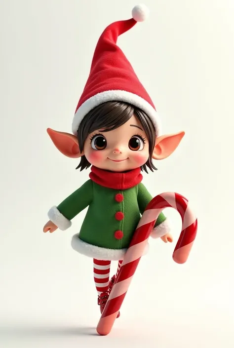 A female Christmas elf  ( small girl )   rendered in 3D designed to create a cheerful and warm environment , suitable for ren .  the Christmas elf is in the center of a pure white background, perched on a giant candy cane with one leg on one side She looks...