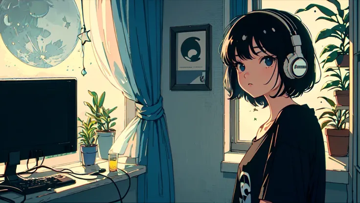 (lo-fi, retro, pale color, low contrast), (1girl, black hair, black eyes, t-shirt, headphone), (oom with a view of the moon and stars from the window, houseplants), (dreamy atmosphere, nostalgic)