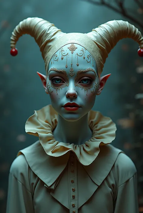 A slightly blue pale-skinned humanoid wearing a pierrot mask