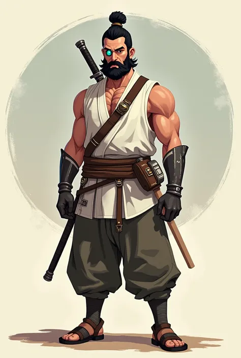 a man with black hair and beard, wearing a white sleeveless kimono with a brown bandolier tied around his chest and shoulders, a black sash around his waist, brown boots, and a cybernetic prosthetic on his right eye in pixar style 