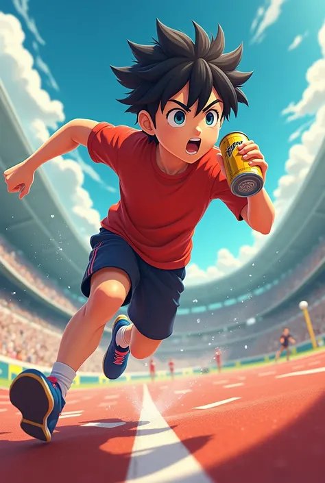 Realistic 3d anime boy doing sports with a lot of energy when drinking a can of energy drink that the image is please flat detail where dynamic angles stand out during sports activities