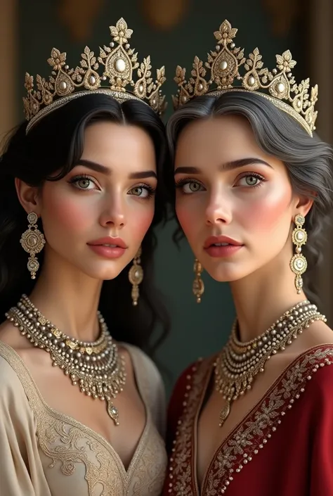 Young woman of 20 years just crowned without much white makeup with dark hair and is beautiful .  Next to her mother, also with dark hair and light eyes, they look a lot alike, but she is 50 years old, by gray hair, you have a crown, they are royals and th...