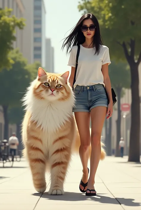  A black haired woman wearing sunglasses, white t-shirt shorts short jeans ,her legs are wearing black flip-flops , walks next to a cream-colored furry cat ,white on the neck ,walk towards the camera, cat looks bigger than a human 