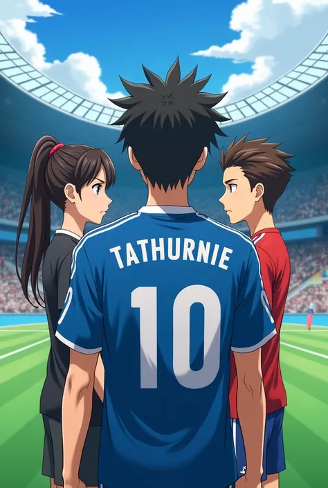 Create me an Cover for my Wattpad story titled "The Second Chance MVP, Part 2: A New Game," 

Make it anime style and Soccer is the sports 
The main character waiting Jersey 10 at the front besides his is Nerdy girl at the back is His Teammate an a Girl an...