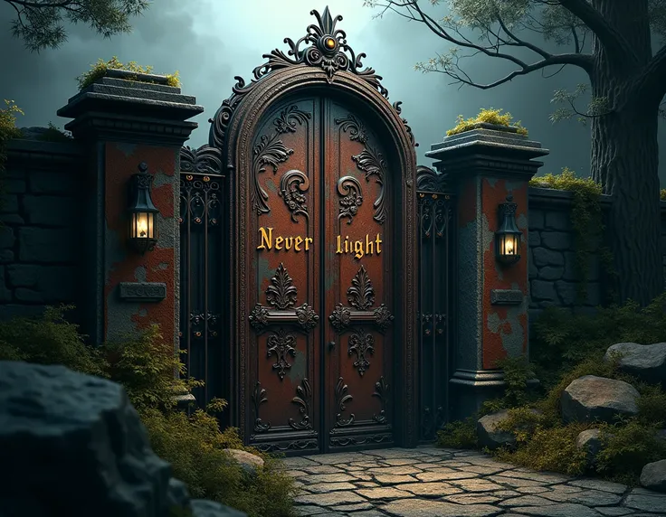   an ornate iron gate ,  rusted by time ,  with the inscription  "Neverlight ".  The atmosphere is both magical and dark,  as the narration begins .)