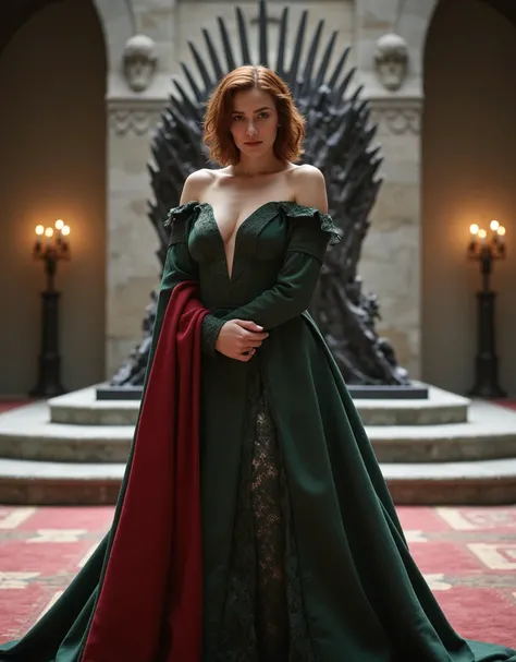 (fullbody shot:1.1): (long shot:1.1): (looks to viewer:1.1): generate landscape image, bright photo 1080P, beautiful XL-size woman 30-35 years 5.1ft with short dark red sort wavy hair her face is brightly lit, stands before the swords throne of Targaryen i...