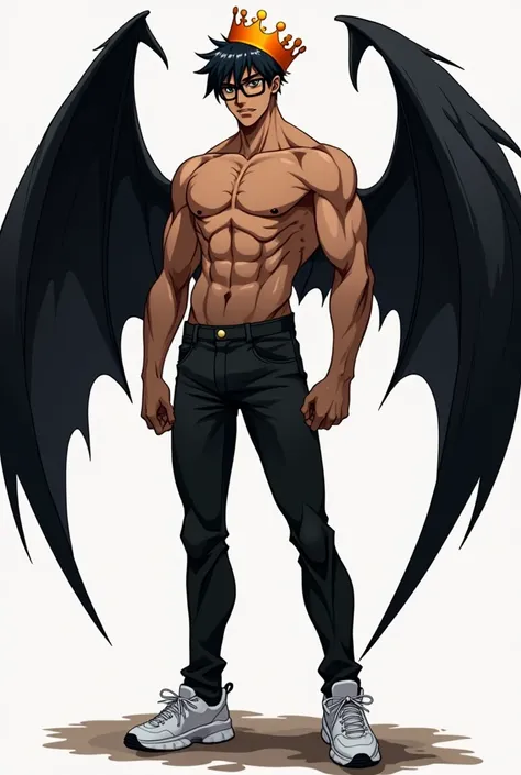 
Male anime ,  with brown skin,  black hair color costume, black glasses ,  shirtless , has demon wings, jeans negros,  white sports shoes , On his head he has an orange crown