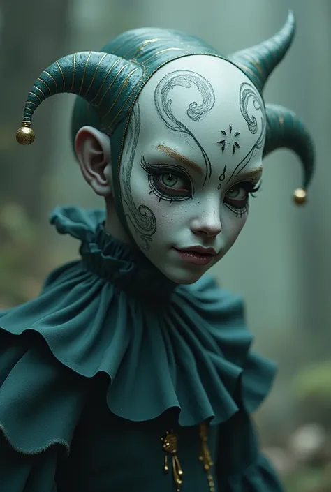 A slightly blue pale-skinned humanoid wearing a pierrot mask