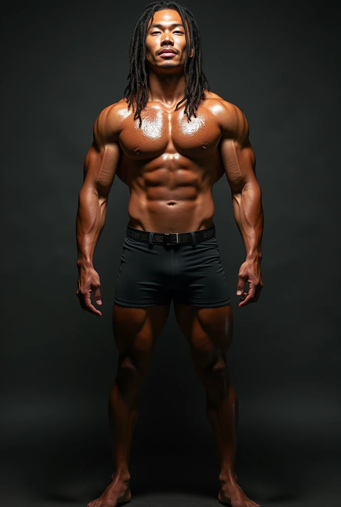 A hyper-artistic, photorealistic full-body portrait of a young asian bodybuilder, wearing wet gym outfit, long hair short dreadlocks style, slight smile, sweating body, showcasing defined big muscles and symmetry under dramatic studio lighting. The pose hi...