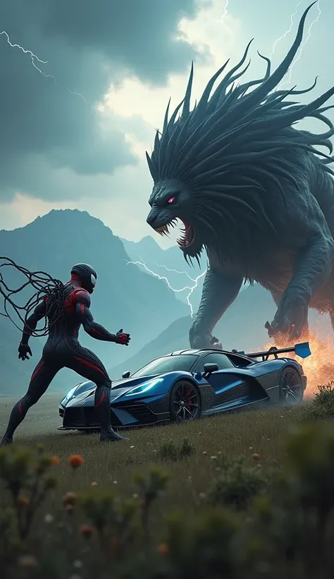 A hybride Superhero Venom  vs supercar red and blue color and lion color white and black long hair,  make New spesies caracter,background green savanna, mountain sky Storm ligthing. 