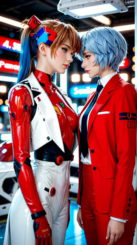 score_9, score_8_up, score_7_up, score_6_up, score_5_up, score_4_up, (source_anime), 2girls, evangellion, asuka langley (red suit), rei ayanami (short blue hair, white suit), futuristic hangar background bokeh