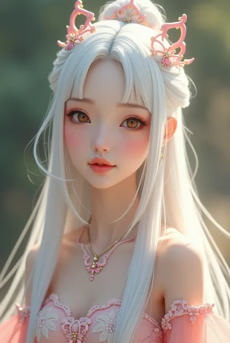 Realistic gorgeous cute chinese woman, wearing wedding top white straight long hair, monolid eyes with eyeliner on the eye looks age 20 with crown on hair