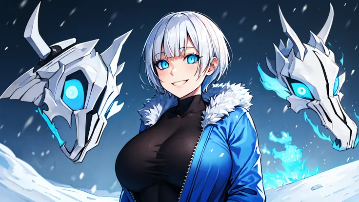 Sans Blue Jacket Black Shirt Fire Eyes Skull Smile Long Lashes White Short Hair Luminous Face Blue Dragon Skull Cannon One Person Standing In Snow Town Femininefull Super huge big breasts breast enlargement 