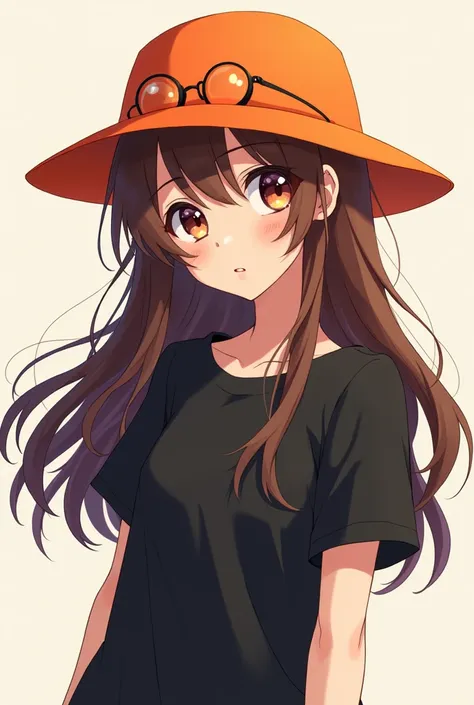 Female anime with brown hair, an orange hat and lenses, a black t-shirt 
 