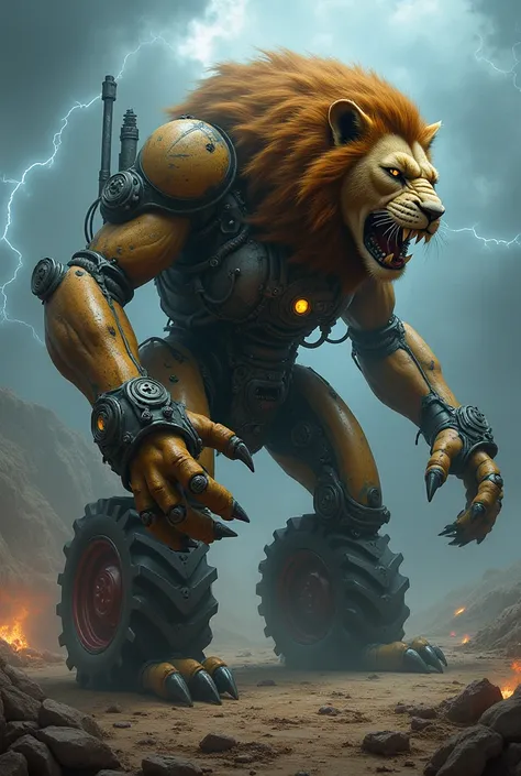 "A monstrous hybrid entity seamlessly combining features of a [lion] and a [tractor]. The creature has a lion’s muscular frame and fierce mane, blended with mechanical parts like tractor wheels for limbs, a metallic, engine-like chest, and glowing, headlig...