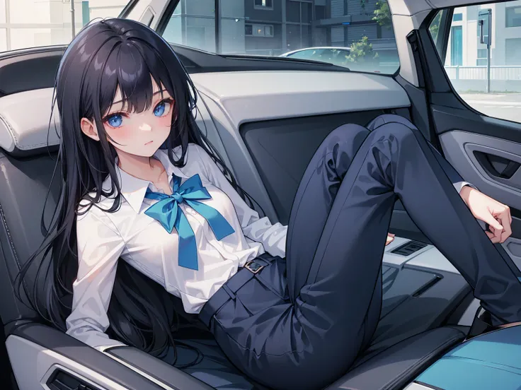 high school student ， Has long, dark hair ， with warm blue eyes ， Wore a fresh blue suit and black heels ， pure white collar and bright green bow 。 has long dark hair and warm blue eyes ， sitting in a car seat ， spread legs