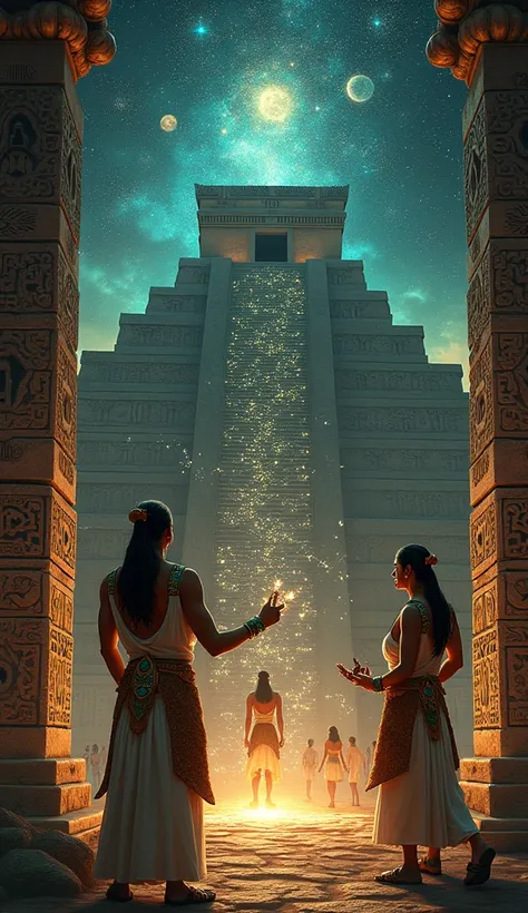 "Illustrate an awe-inspiring scene where the ancient Maya civilization demonstrates their superior timekeeping system, surpassing even the modern Gregorian calendar. The image should feature a towering Maya pyramid as a celestial observatory, surrounded by...