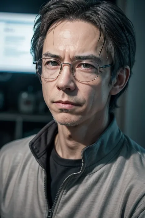 Harrison Wells wearing ,  glasses with gray hair and some minor wrinkles on his forehead.