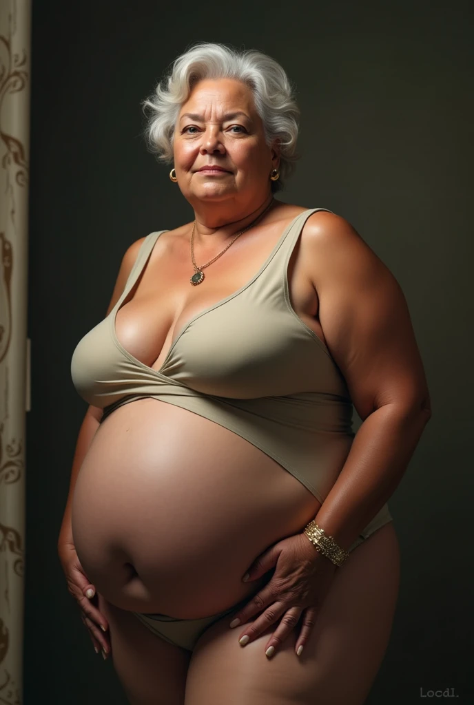 A beautiful 70-year-old naked woman with a huge chest