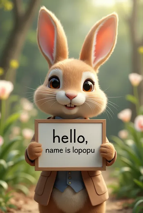  Beautiful furry rabbit in a suit, calla dress ,  holding a white board with text" Hello my name is Lopopu  "  and showing them to the spectator