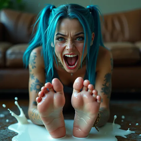 blue hair teen punk girl with shiny wet sweaty bare soles close to camera, leather couch, milk splash on soles, pigtail braids, screaming