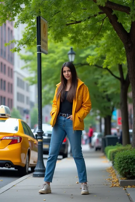 Posing on a city sidewalk, likely in a park or urban area. A yellow taxi cab is parked on the left side of the street, and a street sign is visible. Trees with lush green leaves line the street.