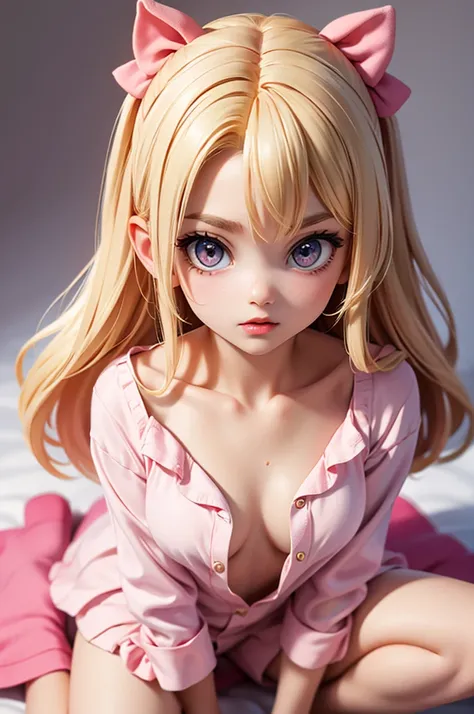 hyperrealistic american teen, blonde, little, perfect tiny body, sexy, dark makeup, perfect slim face, big red lips, very cute face, tiny body, big eyes, small, young looking, kneeling, pink pijama, big tits,
