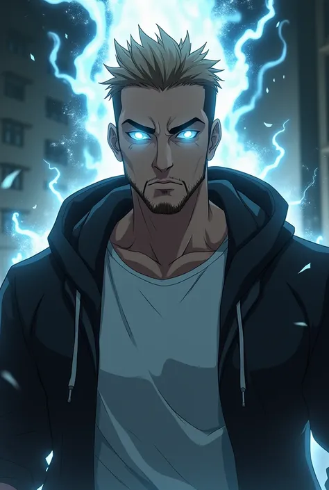 Make a 40-year-old ,  guy with short hair shaved brown, thin beard, eyes glowing in intense white energy , wearing a white T-shirt with a black , with a muscular body,  hood and with a sovereign aura looking at the camera with overwhelming pressure.  anime...