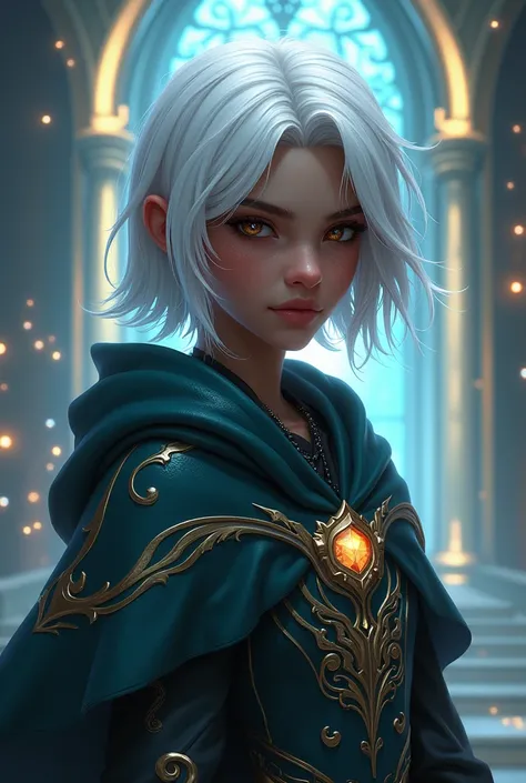  Young adult black character with medium white hair, Dark Brown Eyes Arcane style series from LOL 