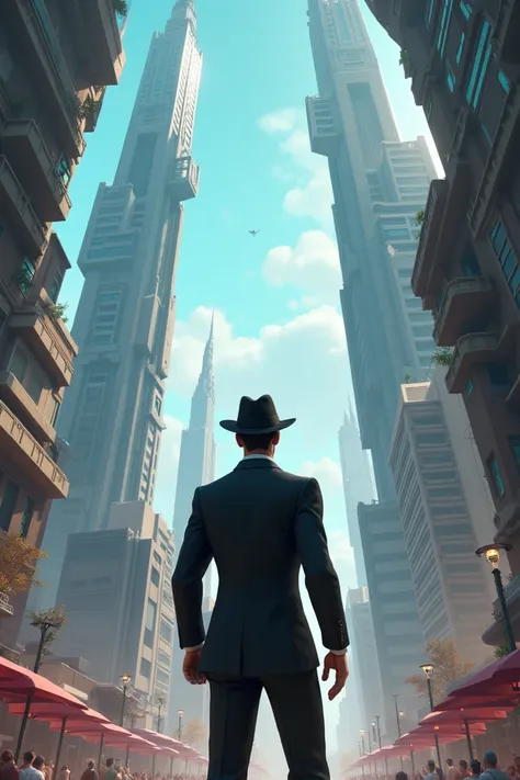 Homme a Tilded towers dans la ville de fortnite,  il est habiller dans les années 1930 , [ image version fortnite]