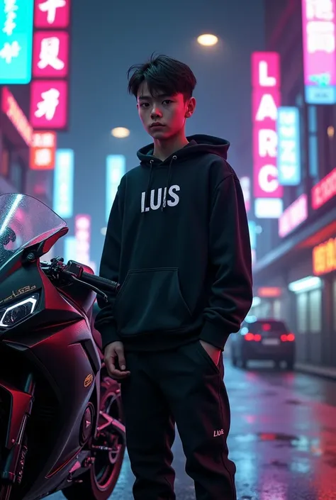  A BEAUTIFUL MASTERPIECE ,  A BOYS BLACK SWEATSHIRT WITH THE NAME OF "Luis" CYBER PONK NIGHT CITY STYLE, JORDAN 4 WHITE , STANDING NEAR A KAWASAKI NINJA ,  WELL-DETAILED FACES ,  masterpiece,  The best quality, HD model,  lyrics, quality,  tall details,  T...