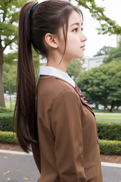 1 cute girl, 18yo, school uniform, brown hair, ponytail, upper body, from below, park, 