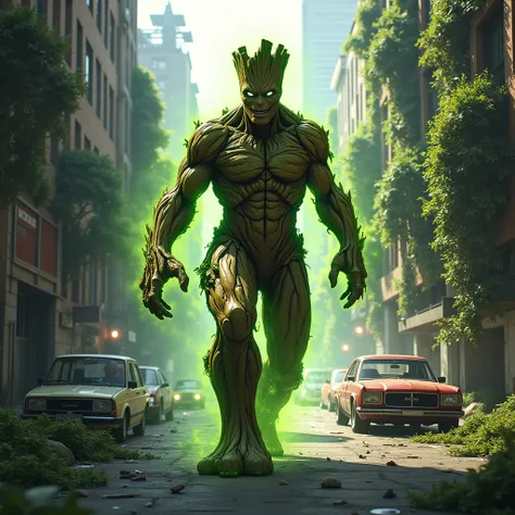 A towering Groot striding down the middle of a city street, his wooden body cracked and glowing with a greenish aura, radiating anger. The city is overgrown with vines, trees, and jungle vegetation, with buildings partially covered in roots and foliage. Th...