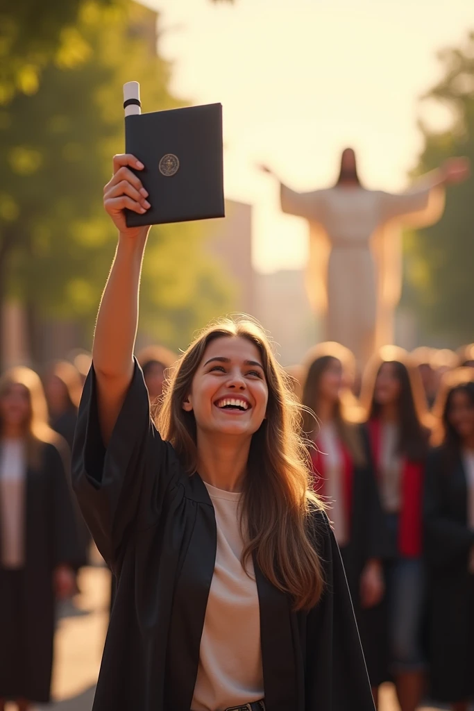 A teenage girl at school receiving her happy diploma and Jesus Christ in the distance observed happily