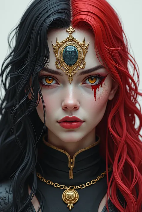 Create a warrior woman with loose hair half black and the other red long wave with a profiled face and a small nose of white skin wearing warrior clothes with a large chapel on her face she has a scar that crosses her eyes and reaches her lip 