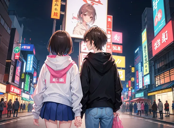  back view。Create an anime-style image of a Japanese couple 。Softly illuminated by neon signs and streetlights 、 The man in a casual hoodie and jeans has short brown hair 、 A woman dressed in a flowing short skirt and hoodie has short brown hair fluttering...