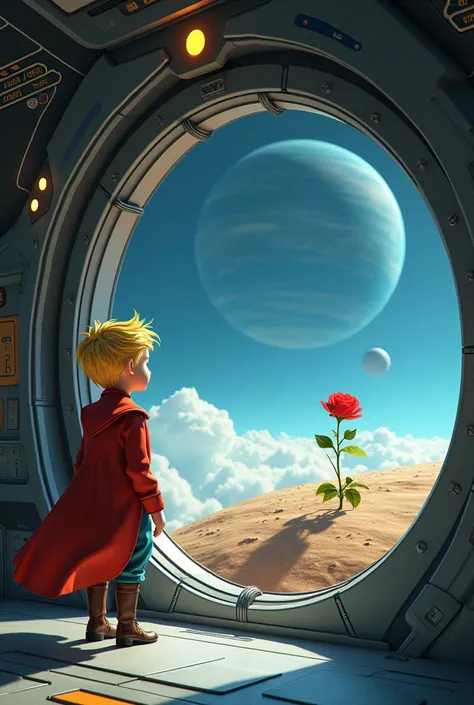 The little prince inside a spaceship and the rose on another planet 