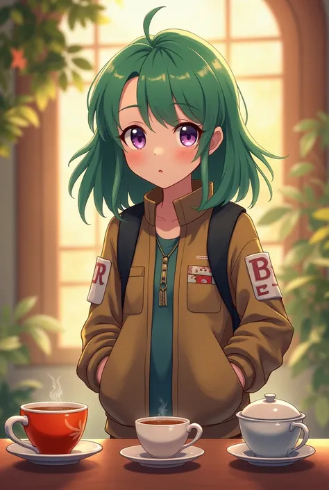 Anime girl in brown tea  ,  trainer clothes with green hair that reaches her shoulders ,  Purple eyes  ,  wearing Pokemon  