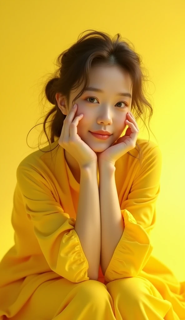 a unparalleled beauty l young japanese woman sitting and smile alone in a lemon yellow void, only her skin visible, wavey curly, wearing all lemon yellow suits. close up shot, detailed face with beautiful eyes, nose, and lips, extremely detailed skin and h...