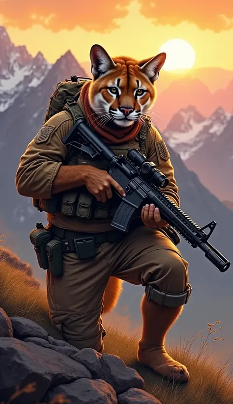 "Create an image of a puma as a soldier in special forces, equipped with tactical military gear for mountainous terrain. The puma is crouched, ready to strike, holding a compact rifle with precision optics. The background features the Andes mountains and a...