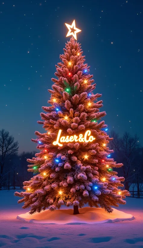 A glowing Christmas tree set against a serene winter backdrop. Add "Laser&Co" in gold, with subtle patriotic stars and stripes framing the image.