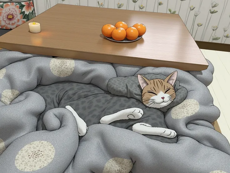  A brown and white cat with a kotatsu on a kotatsu   ,   is sleeping comfortably in front of a few tangerines 、 torch。  anime style、The background is a light orange flower。