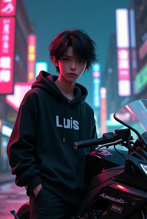  A BEAUTIFUL MASTERPIECE ,  A BOYS BLACK SWEATSHIRT WITH THE NAME OF "Luis" CYBER PONK NIGHT CITY STYLE, STANDING NEAR A KAWASAKI NINJA ,  WELL-DETAILED FACES ,  masterpiece,  The best quality, HD model,  lyrics, quality,  tall details,  Textured leather, 