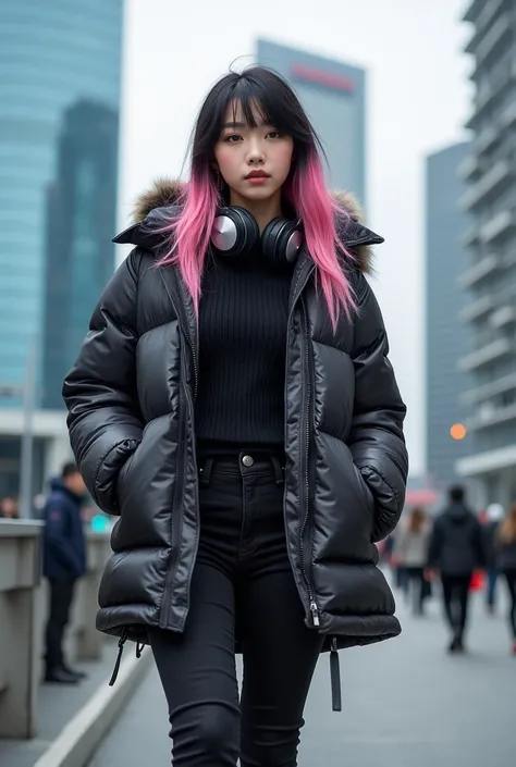  Portrait of a beautiful Korean woman with pink hair,black,blue at the ends of the hair /harajuku style, wears thick winter clothes  , wearing headphones ,celana jeans black dan memakai sepatu boots,stand/ walking against the background of singapore city  ...