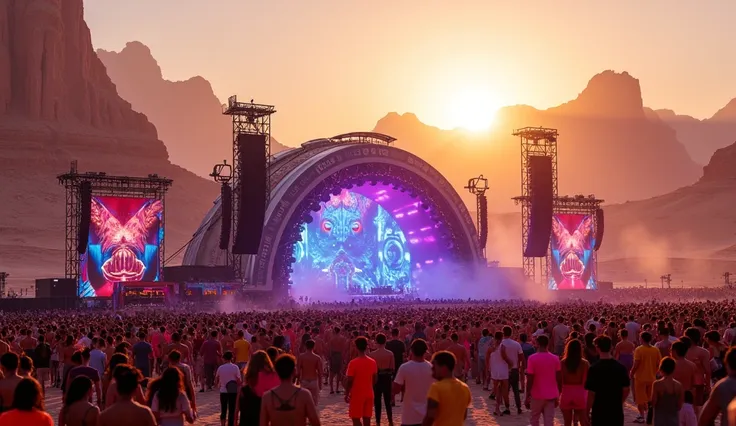 Scenario of a rave party of a stage being set up in the desert for a rock concert