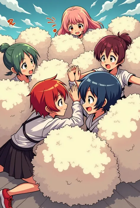 An anime-style comic depicting many kung fu girls playfully wrestling with each other inside a makimono comical fight cloud.
each kung fu girl has different  colored hair.
their faces,hands,and feet are visible emerging from the cloud as they tussle humoro...