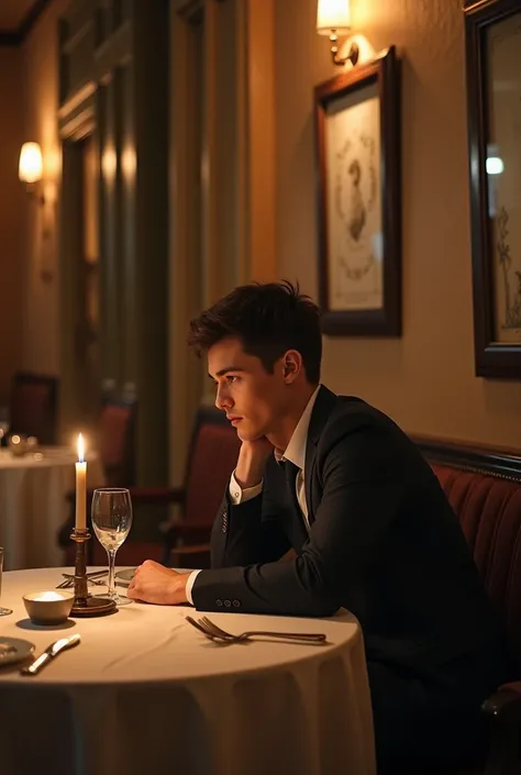 Young man talking, in a French restaurant, Alone on a table