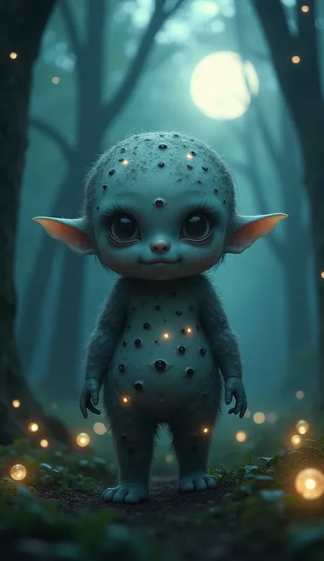 A realistic and detailed depiction of a toddler version of Hyakume, a mythical Japanese yokai known for its body covered in numerous eyes. The toddler version has a small, rounded form with dozens of small, curious eyes across its body, each glowing faintl...