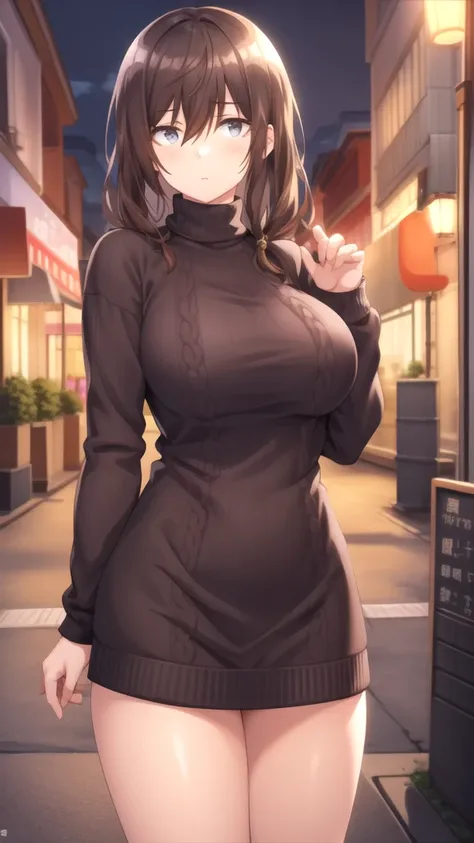 masterpiece, best quality, high quality, girl, solo, looking at viewer, fumiya_tomozaki, brown hair, hair between eyes, large breasts, sweater dress, long sleeves, turtleneck, outdoors, street, standing, cowboy shot, night 